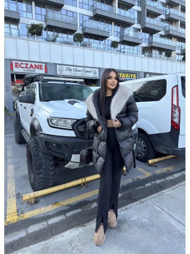 Siyah Kürklü Oversize Premium Mont