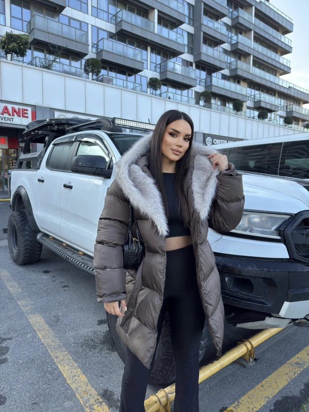 Kahverengi Kürklü Oversize Premium Mont