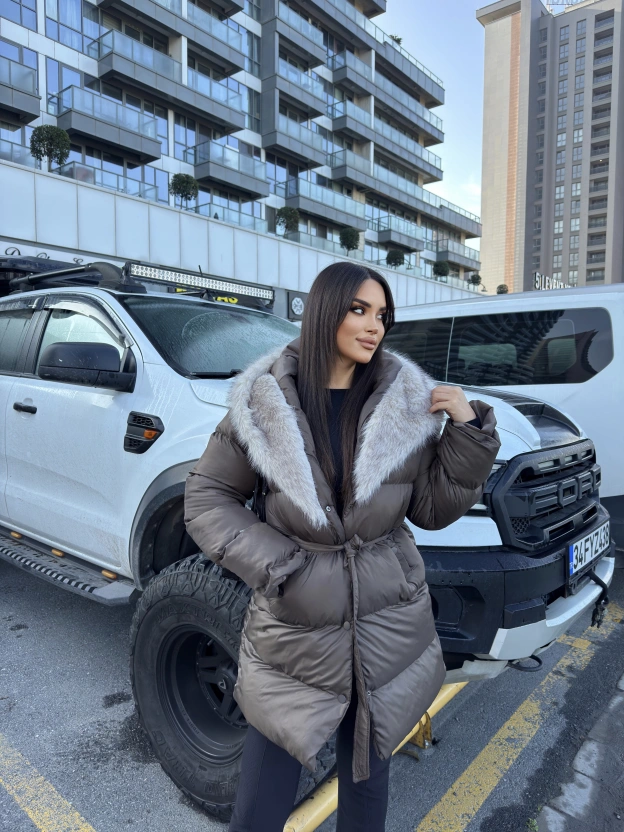 Kahverengi Kürklü Oversize Premium Mont