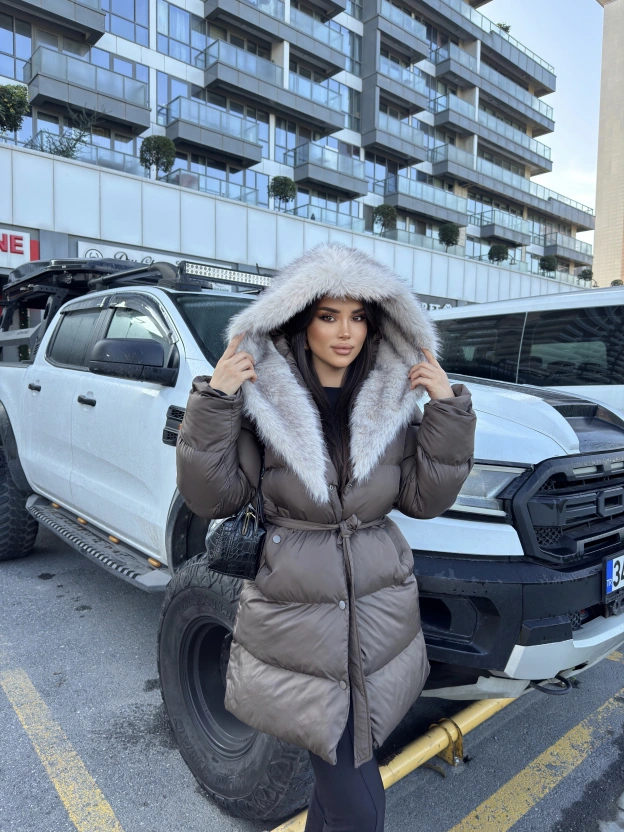 Kahverengi Kürklü Oversize Premium Mont