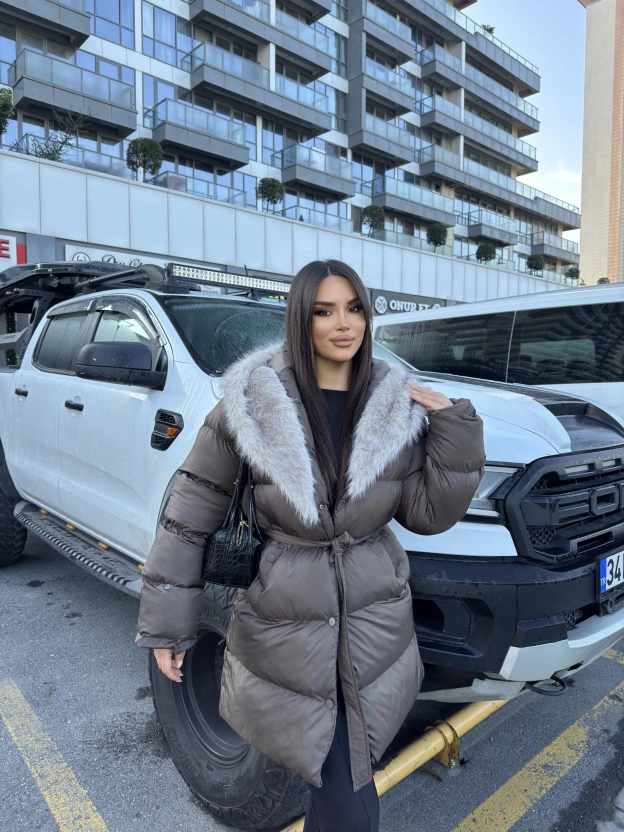 Kahverengi Kürklü Oversize Premium Mont