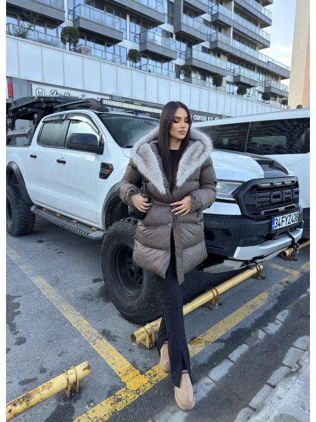 Kahverengi Kürklü Oversize Premium Mont