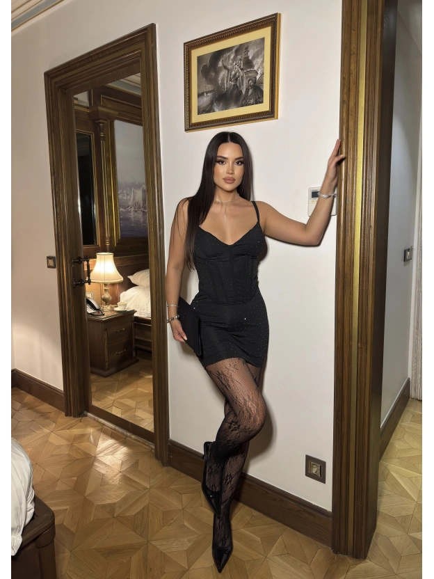 Siyah Taşlı Korse Detay Elbise