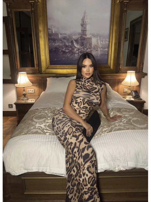 Leopar Korseli Uzun Elbise