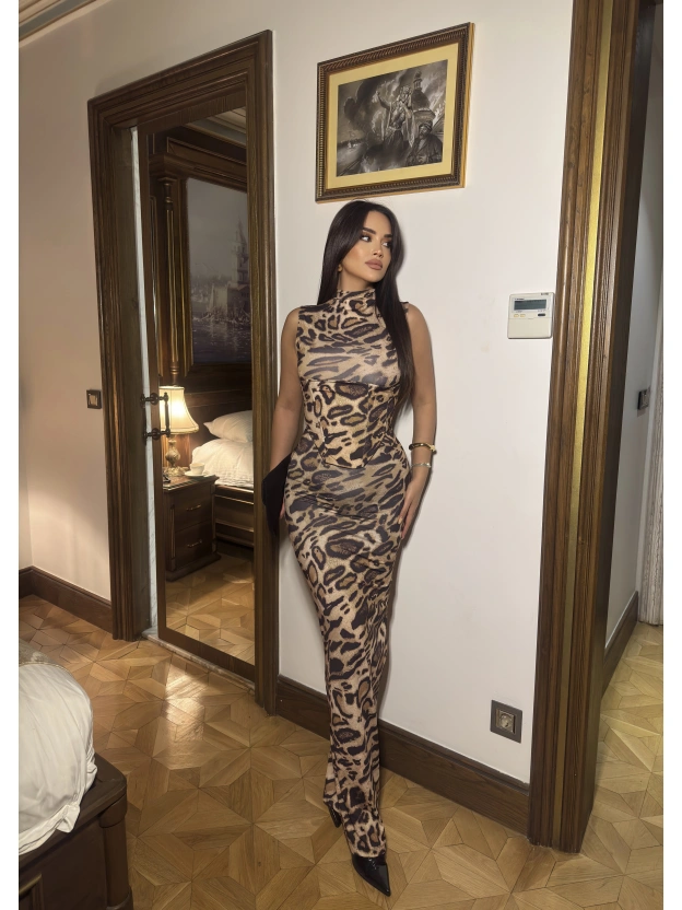 Leopar Korseli Uzun Elbise