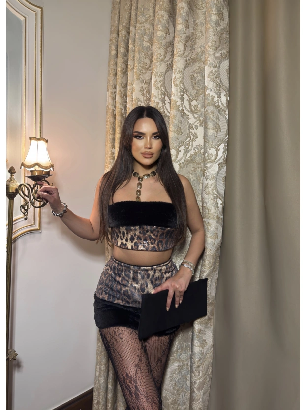 Leopar Straplez Siyah Kürk Detay Etek Takım