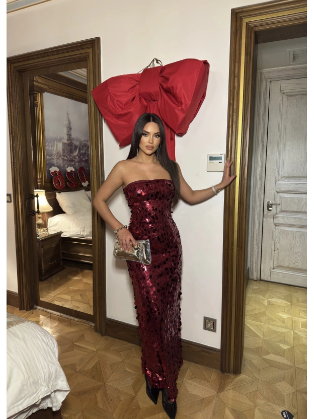 Bordo Straplez Uzun Payetli Elbise