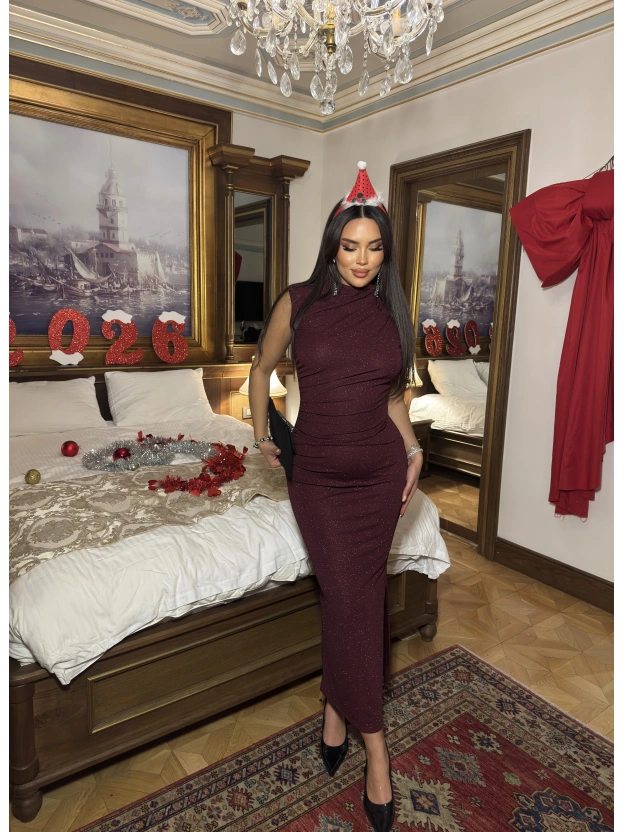Bordo Simli Yırtmaç Detay Uzun Elbise