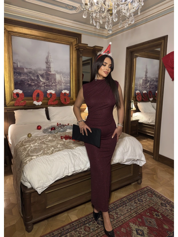 Bordo Simli Yırtmaç Detay Uzun Elbise