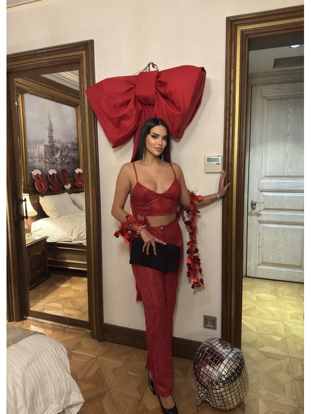 Kırmızı Simli Pantolon Büstiyer Takım