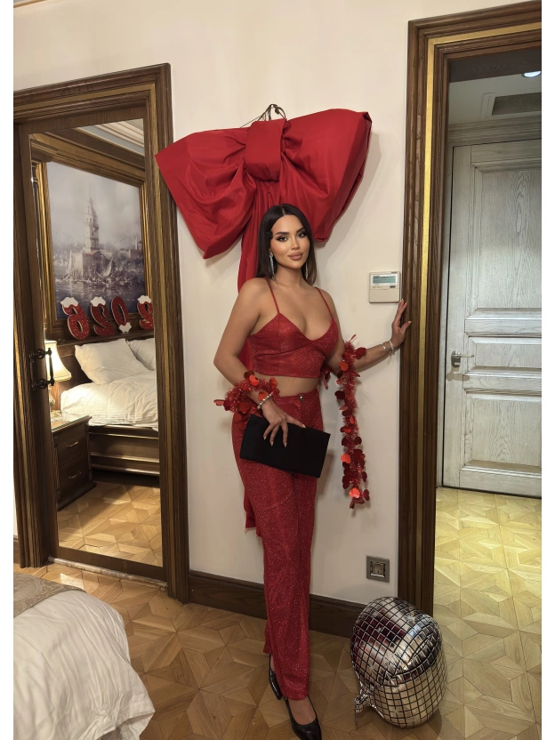 Kırmızı Simli Pantolon Büstiyer Takım