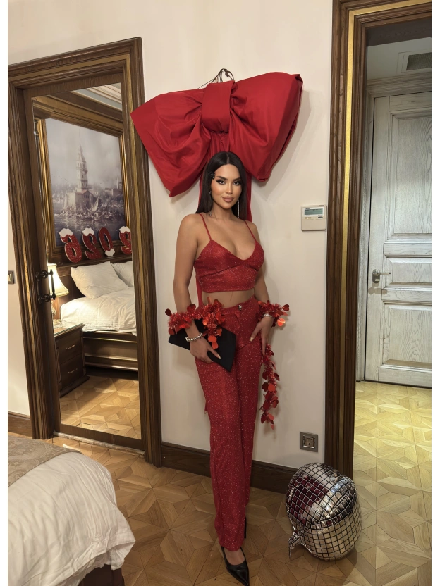 Kırmızı Simli Pantolon Büstiyer Takım