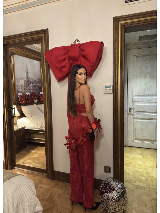 Kırmızı Simli Pantolon Büstiyer Takım