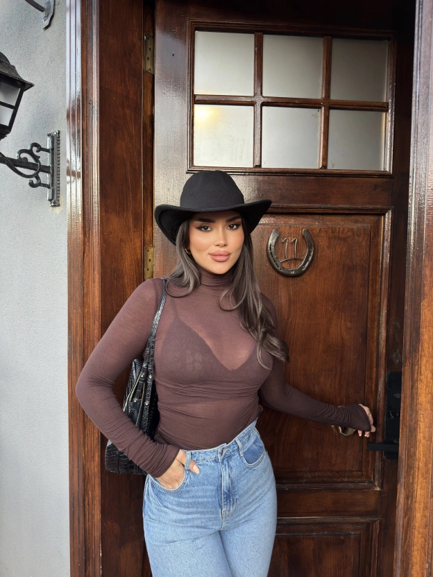 Kahverengi Balıkçı Yaka Transparan Bluz