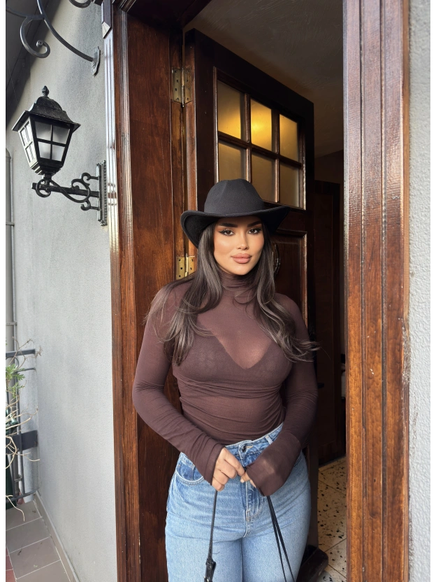 Kahverengi Balıkçı Yaka Transparan Bluz