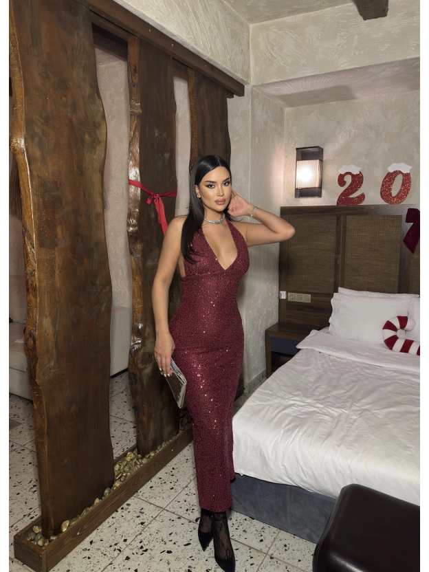 Bordo Payetli Boyundan Bağlamalı Uzun Elbise