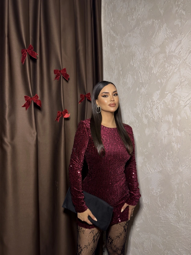 Bordo Payetli Sırt Detay Elbise
