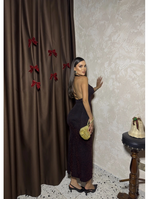 Degaje Yaka Bordo Simli Uzun Elbise