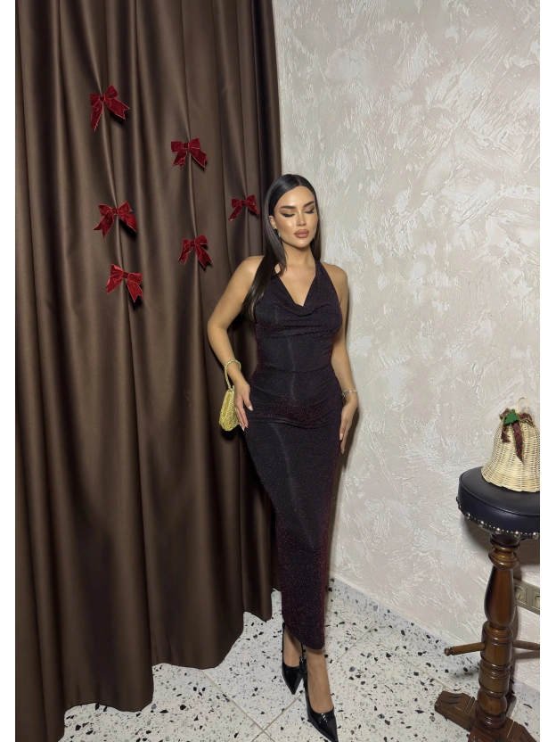 Degaje Yaka Bordo Simli Uzun Elbise