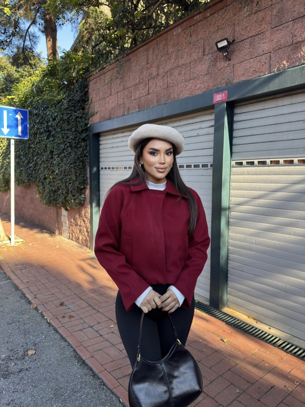 Bordo Polo Yaka Kaşe Mont