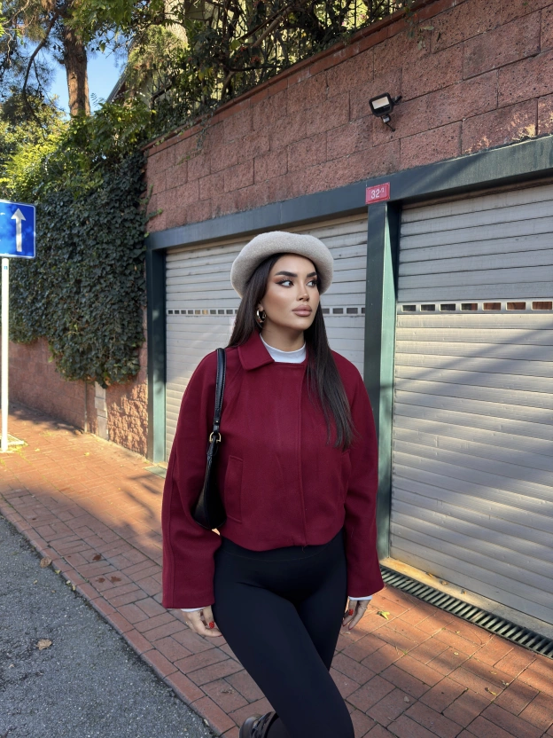 Bordo Polo Yaka Kaşe Mont