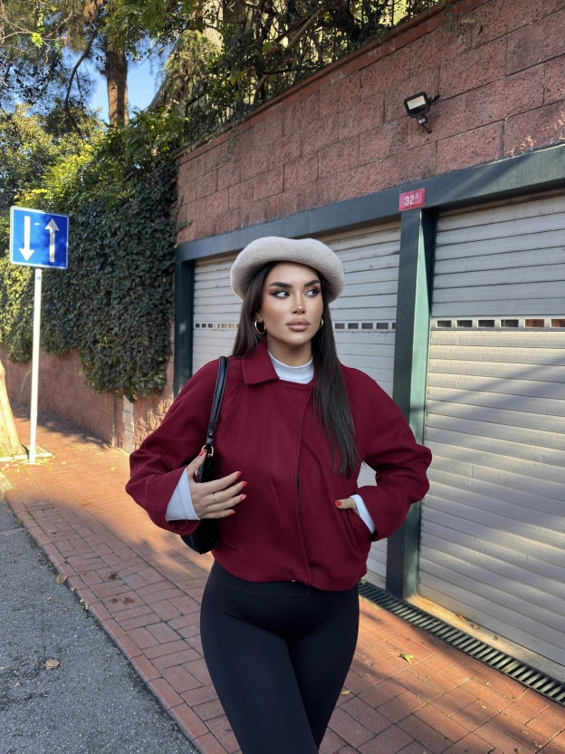 Bordo Polo Yaka Kaşe Mont