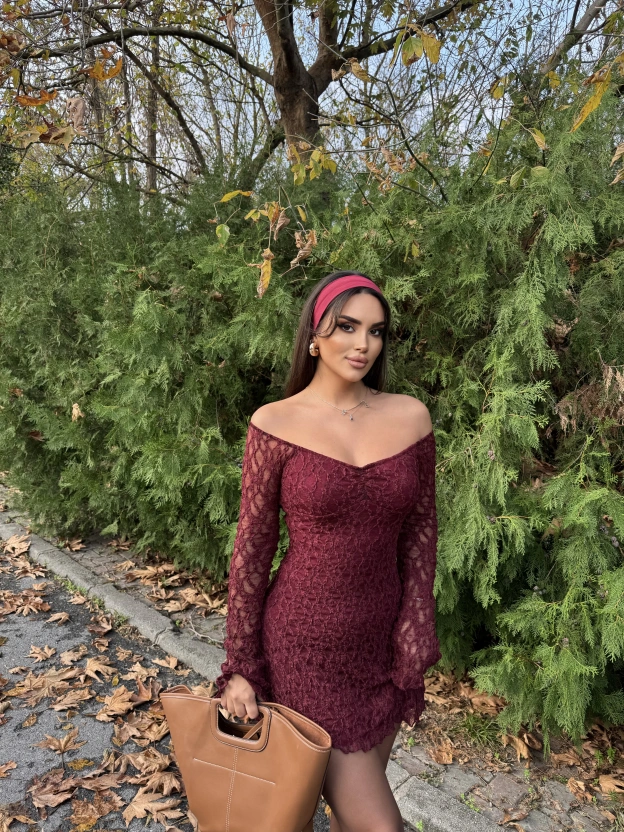 Bordo Dantel Detay Mini Elbise