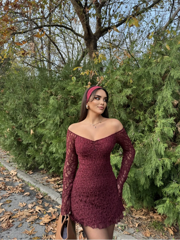 Bordo Dantel Detay Mini Elbise