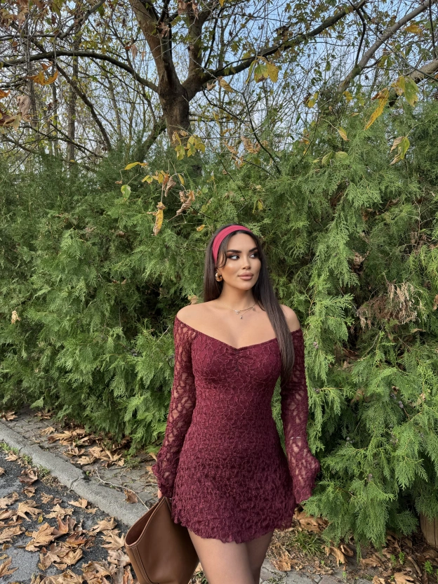 Bordo Dantel Detay Mini Elbise