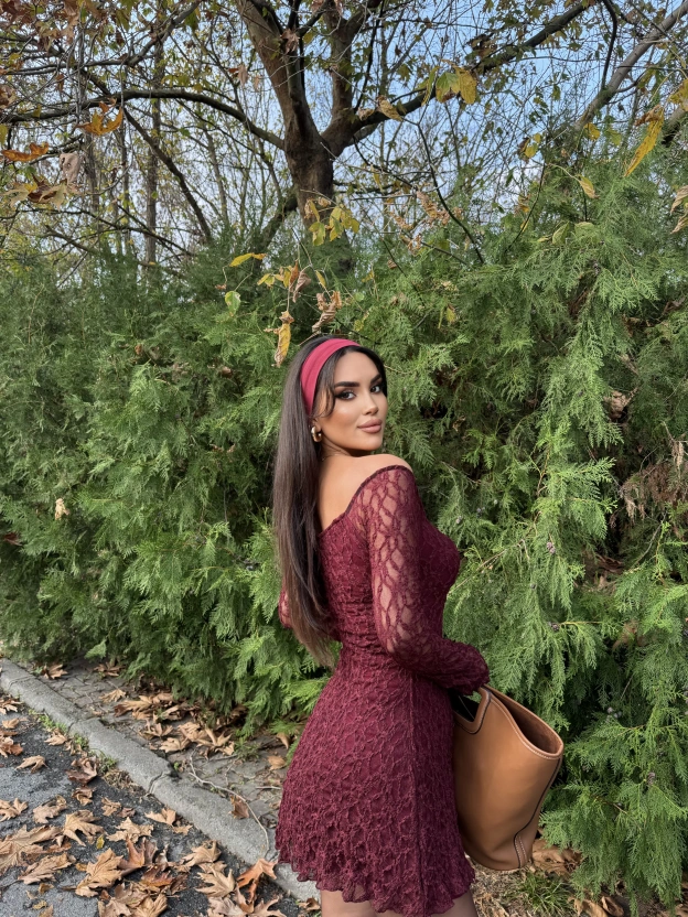 Bordo Dantel Detay Mini Elbise