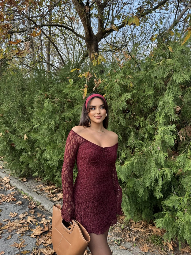 Bordo Dantel Detay Mini Elbise