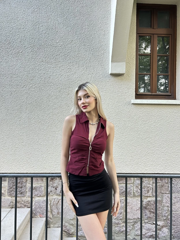 Bordo Polo Yaka Fermuar Detay Bluz