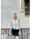 Beyaz Polo Yaka Fermuar Detay Bluz