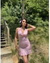 Pembe Degaje Yaka Boyundan Bağlamalı Büzgülü Elbise