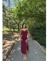 Bordo Degaje Yaka Uzun Elbise