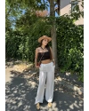 Beyaz Beli Lastikli Keten Pantolon