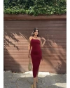 Bordo Tek Omuz Büzgü Detay Elbise