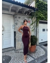 Kahverengi Halter Yaka Aksesuarlı Uzun Elbise