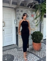 Siyah Halter Yaka Aksesuarlı Uzun Elbise