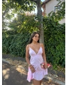 Pembe Kısa Sırt Detay Keten Elbise