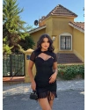 Siyah Tül Detay Büzgülü Tasarım Elbise