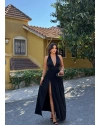 Siyah V Yaka Drapeli Yırtmaçlı Premium Elbise