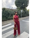 Bordo Saten Boyundan Geçirmeli Bluz Takım