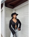 Siyah Aksesuar Detay Gofre Crop