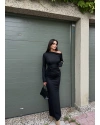 Siyah Omuz Detay Tasarım Uzun Elbise