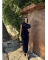 Lacivert Simli Kadife Omuz Detay Uzun Elbise