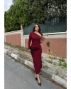Bordo Tek Kol Tokalı Uzun Elbise