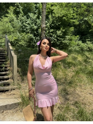 Pembe Degaje Yaka Boyundan Bağlamalı Büzgülü Elbise