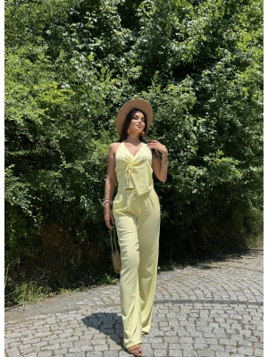 Sarı Kruvaze Yaka Bağlamalı İkili Takım