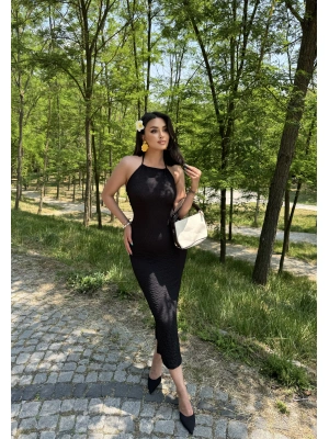 Siyah Boyundan Bağlamalı Bürümcük Uzun Elbise